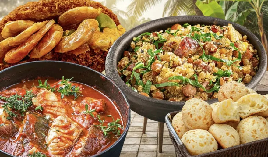 Vista aérea de uma mesa rústica repleta de pratos brasileiros, incluindo uma panela de feijoada central, espetinhos de carne, pastéis, bolinhos fritos, moqueca e fatias de limão.