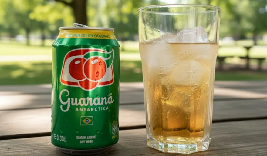 Uma lata verde de refrigerante Guaraná Antarctica e um copo cheio de gelo com uma bebida dourada estão sobre uma mesa de piquenique de madeira, com um parque desfocado ao fundo sob a luz do sol.